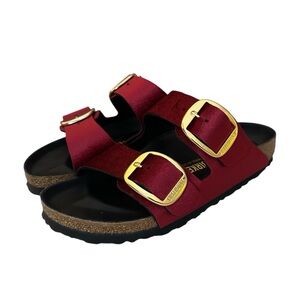 Birkenstocks Burgundy Sandals with Gold Buckles